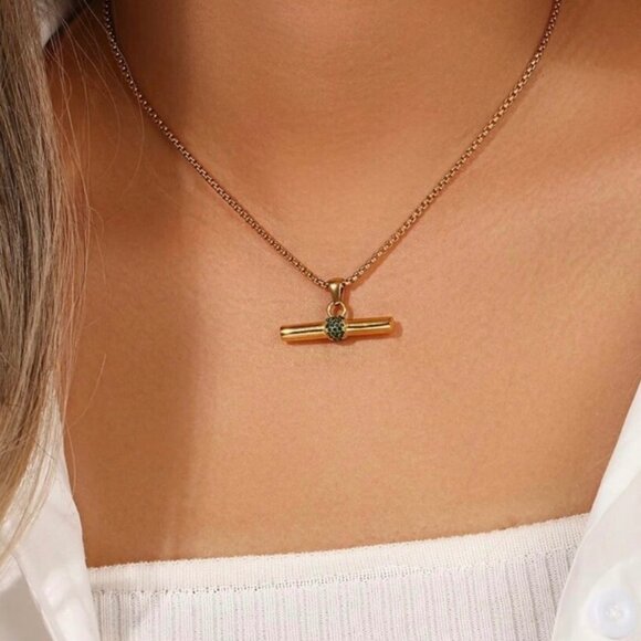 New Bar Pendant Necklace 18K Gold Plated Rhinestone Contemporary Minimalist - Picture 7 of 10